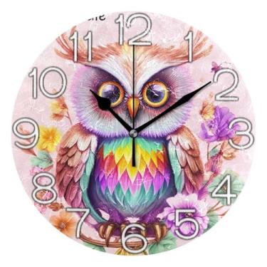Imagem de GAIGEO Relógio de parede analógico decorativo operado por bateria relógio de cozinha fofo, arte de parede moderna legal decoração de casa, coruja de primavera animal colorido, 25 cm, ponteiros