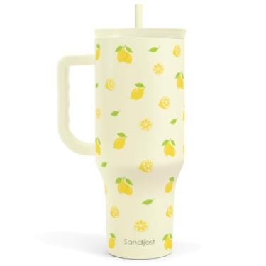 Imagem de SANDJEST Copo de limão de 1,134 g com alça e canudo, caneca de café de viagem de aço inoxidável isolado para mulheres e meninas, ideia de presente para aniversário, Natal, dia das mães, férias de