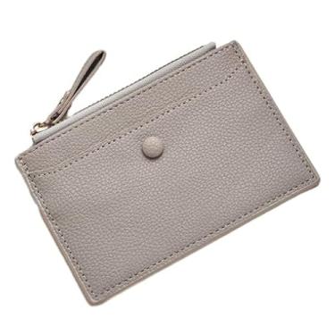 Imagem de Carteira feminina de couro genuíno com dobra dupla/tripla - Suporte minimalista para cartão de crédito com bloqueio de RFID e bolso para moedas, Cinza, Casual