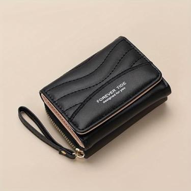 Imagem de Carteira feminina de poliuretano, porta-cartões com zíper em três dobras, carteira pequena bordada, porta-cartões de crédito, bolsas fofas com zíper, carteira curta fina para mulheres e meninas, Preto