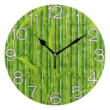 Imagem de Relógio de parede analógico decorativo redondo sem tique-taque silencioso escritório cozinha, sala de estar decoração de parede moderna folha verde pastel vibrante, 25 cm, ponteiros pretos