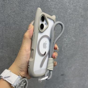 Imagem de Capa magnética de gato para iPhone 16 ProMax 12 13 14 15 Pro Max 16 Plus 11 com pulseira e cordão, capa transparente, cinza, para iPhone 14