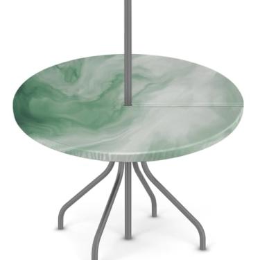Imagem de Ackutea Toalha de mesa redonda ajustada ao ar livre - toalha de mesa circular de mármore verde com orifício para guarda-chuva e zíper oculto - capa de mesa impermeável para mesas de 114 a 142 cm para