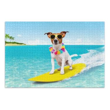 Imagem de Quebra-cabeças para adultos, 500 peças, engraçado, fofo, cachorro, surfe, duro, grande, brinquedo artístico, 51 x 35 cm