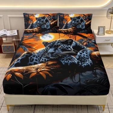 Imagem de AILONEN Jogo de lençol casal com estampa de Panteras Negras, tema safári de leopardo, com 2 fronhas, 3 peças, jogo de lençol macio de microfibra de animais da floresta