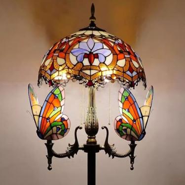 Imagem de Luminária de chão Tiffany com decoração natalina, libélula, borboleta, rosa, uva e chapéu barroco [5 lâmpadas][40,6 cm L x 165 cm A] Luminária de leitura de vitral para sala de estar e quart
