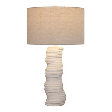 Imagem de Abajur de mesa nórdico em resina com cúpula cilíndrica em tecido, estilo vintage campestre, com acabamento branco, design europeu simples em estilo art déco, 73 x 41 cm.