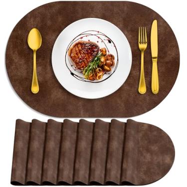Imagem de ADRIMER Jogo americano oval, resistente ao calor, conjunto de 8 laváveis, 30 x 43 cm, tapetes de mesa à prova d'água, tapetes de poliuretano limpáveis para cozinha, sala de jantar, marrom