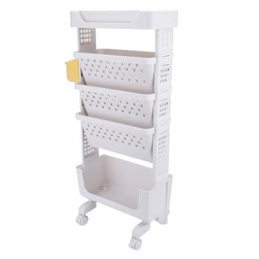 Imagem de Cryfokt Carrinho de Livro Rolante, Estante de Armazenamento Móvel Multifuncional de 5 Camadas para Quarto de Escritório de Estudo, Material PP (Branco)