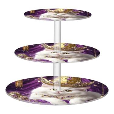 Imagem de Royal White Cat Coroa Dourada 3 Camadas Suporte para Cupcake Tea Party Display Acrílico Torre de Bolo Flor Decoração de Mesa Sobremesa Chá Servir Comida Casamento