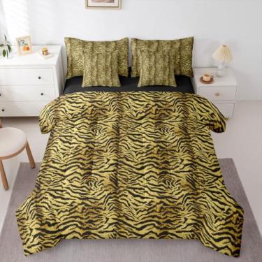Imagem de Erosebridal Conjunto de edredom Queen com estampa de tigre amarelo para mulheres e adultos - Conjunto de cama de 7 peças com estampa de pele de tigre selvagem de animal de tigre sintético