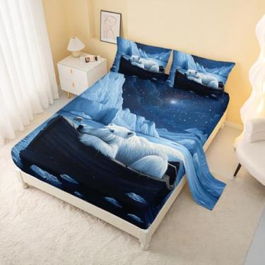 Imagem de AILONEN Jogo de lençol King com desenho animado de urso polar, noite estrelada, animal ártico, 4 peças, 1 lençol de cima, 1 lençol com elástico + 2 fronhas