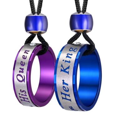 Imagem de UTHOSMDO 2 peças de aço inoxidável king & queen casal anéis colar com contas de mudança de humor, corda de nylon ajustável para o dia dos namorados, 80cm, Aço inoxidável, Sem Pedra Preciosa