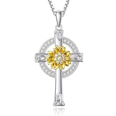 Imagem de HOTIE Colar Corss de girassol, fé, cristão, irlandês, nó celta, pingente de cruz, joias religiosas, presente para mulheres, aniversário, dia dos namorados, dia das mães