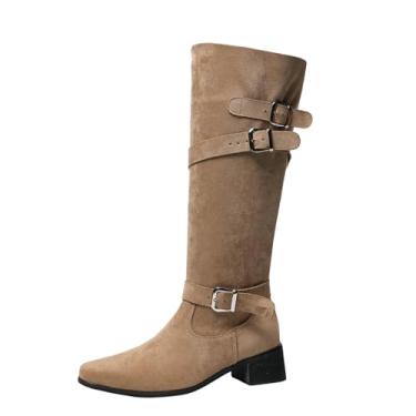 Imagem de Botas femininas de salto grosso de bico fino com detalhe de fivela de cinto para um visual elegante de outono e inverno, Caqui, 38