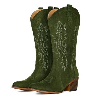 Imagem de IUV Botas de cowboy femininas Western Cowgirl com salto grosso, bico curto, ideal para peito do peito baixo, Camurça verde, 34