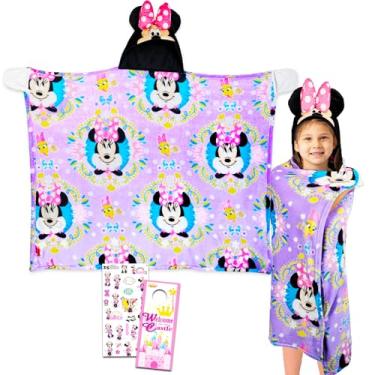 Imagem de Disney Cobertor infantil Minnie Mouse com capuz – Pacote com 101,6 cm x 127 cm Cobertor de pelúcia vestível para viagem do pijama avião carro viagem de carro plus adesivos, mais | Cobertor com capuz