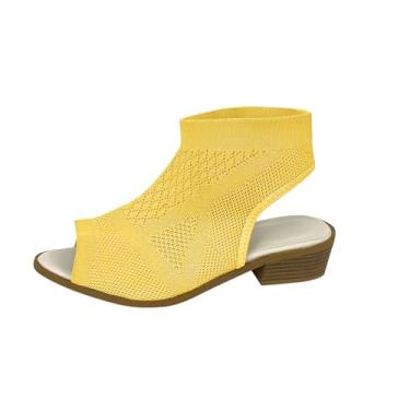 Imagem de Sandálias femininas de malha arejada boca de peixe bico aberto salto bloco baixo sem cadarço para uso casual primavera verão, Amarelo, 35