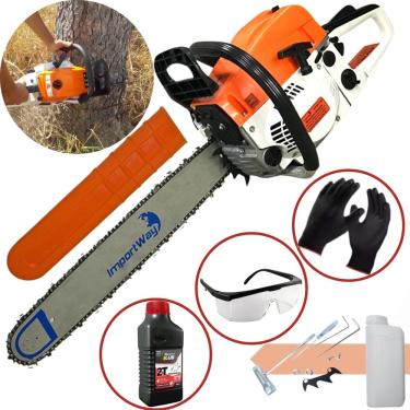 Imagem de Motosserra a Gasolina Importway 63cc 22pol Super Forte + Acessórios Oleo 2T Toyama + Óculos + Luvas de Proteção