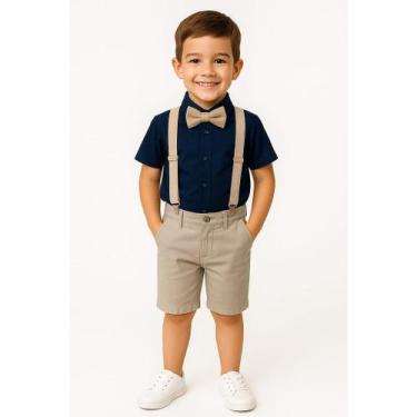 Imagem de Conjunto Camisa Social Bermuda Suspensório Gravata Menino - Luar encan