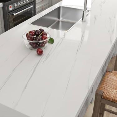 Imagem de Wallink Descasque e cole o papel de contato de mármore para bancadas papel de parede de mármore branco brilhante à prova d'água 43 x 696 cm papel de contato com bancada branco envoltório de vinil