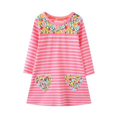 Imagem de Vestido Listrado Rosa Para Menina Pequena Com Acento Floral E Bolsos E