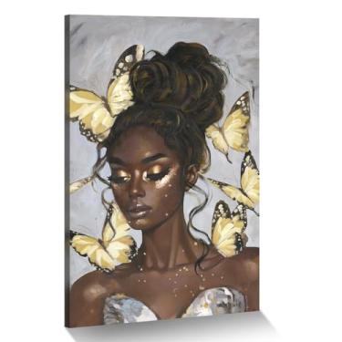 Imagem de Arte de parede em tela de mulher afro-americana e borboletas amarelas decoração de arte de mulher negra para quarto, sala de estar, escritório, corredor - 61 cm C x 40 cm L
