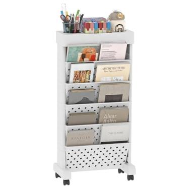 Imagem de yeavs Estante móvel de 6 andares, estante com rodinhas para livros, carrinho organizador de pastas móveis com rodas para casa, escritório, sala de estar, sala de aula, branca