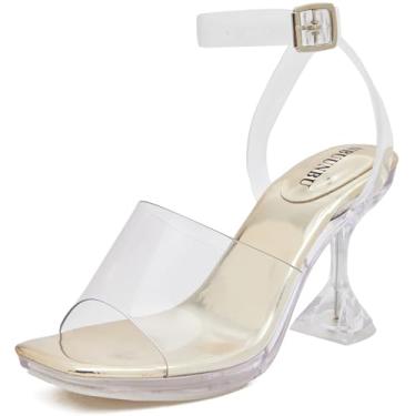 Imagem de NBUUNBU Salto feminino transparente com tiras transparentes com fivela plataforma gatinho salto alto confortável Cinderela sapatos Stilletos bico quadrado sandálias mules bomba, Dourado, 36