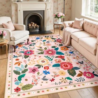 Imagem de RELEANY Tapete floral 12 x 20 cm lavável à máquina tapete boho macio tapete antiderrapante tapete de área de flores de pelo baixo para sala de estar, quarto, berçário, cozinha, sala de jantar