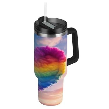 Imagem de ATTX Copo de coração arco-íris de 1,134 g com alça, copo de aço inoxidável a vácuo de parede dupla com palha, caneca de café de viagem isolada #191