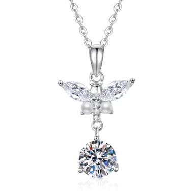 Imagem de Mermerland Jewelry Colar com pingente de borboleta moissanite de prata esterlina S925, gargantilha de pérola cor ouro branco de 1 quilate, corrente ajustável de 40 + 5 cm para mulheres