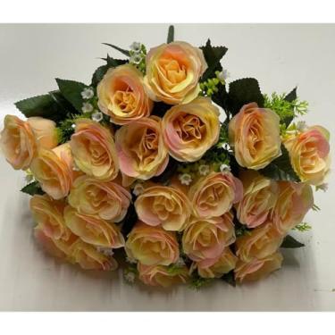 Imagem de Rosa Artificial Decorativa com 24 Flores – Buquê para Arranjos, Festas, Casamento e Decoração de Interiores(Chá C/detalhe Rosa e Amarelo,Kit com 2)
