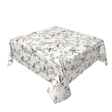 Imagem de Aytipun Toalha de mesa quadrada para primavera, verão, 152 x 152 cm, ramo de pássaro, flores, estampa de folhas, tema sazonal, toalha de mesa decorativa, casa de fazenda, para festa interna, cozinha