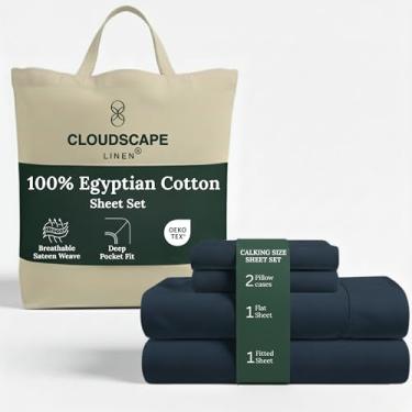 Imagem de Jogo de lençol Cloud Scape Linen de algodão egípcio de camada dupla California King – Trama de cetim de fibra longa, conjunto de cama macio de qualidade hoteleira de 4 peças, bolsos profundos de até