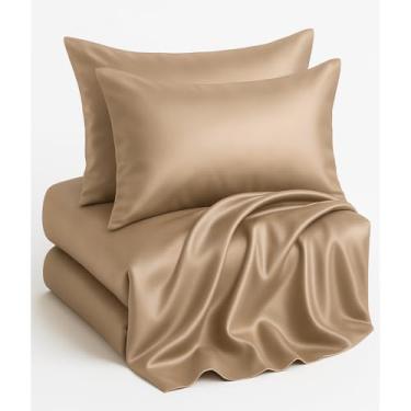 Imagem de Casa Platino Jogo de lençol Queen de cetim - 4 peças - macio como seda - 1 lençol com elástico alto, 1 lençol de cima e 2 fronhas - Comporta bem após a lavagem - Conjunto de lençóis de cama resistente