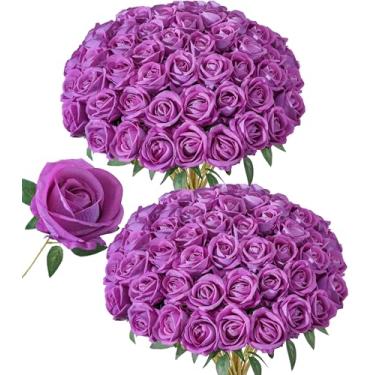 Imagem de 50 peças de rosas artificiais, rosas falsas com caule, rosas de seda fúcsia realistas, para buquês de casamento, mesa de centro de mesa, arranjos de chá de bebê, aniversário, decoração de casa
