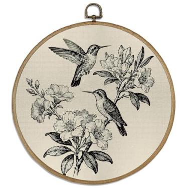 Imagem de DELORIGIN Arte de parede vintage de beija-flor realista retrô de 25,4 cm, impressão de arte de parede em tela emoldurada de madeira redonda com ganchos de metal, imagem para pendurar para quarto, sala