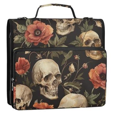 Imagem de ALAZA Pasta retrô de flores de caveira com zíper de 3,8 cm, organizador de fichário com alça de ombro e alça para trabalho em casa, escritório