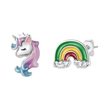 Imagem de Brincos De Prata 925 Unicórnio Arco-Íris Com Pedra Preciosa Brilhante 