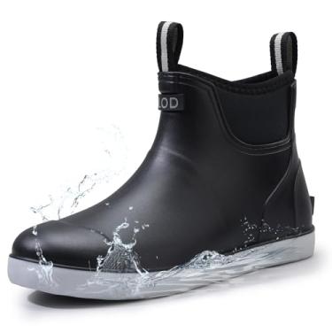 Imagem de GUYISAKJ Botas de chuva femininas de cano curto, impermeável, para festivais e jardins, sapatos masculinos - galochas de borracha leves e confortáveis com fivela decorativa, Preto, branco, 9.5 Women/8