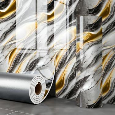 Imagem de ESSMOKO Papel de parede dourado imitação de azulejo mármore efeito de mármore autoadesivo papel de parede impermeável para paredes de cozinha e banheiro preto e dourado 40 * 300 cm