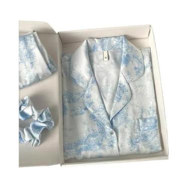 Imagem de Conjunto De Pijama Feminino De Seda Gelada Com Cardigã De Lapela E Bot