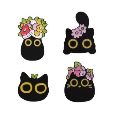 Imagem de Broche De Esmalte Gato Preto Desenho Animado Olhos Grandes Gatinho Ani