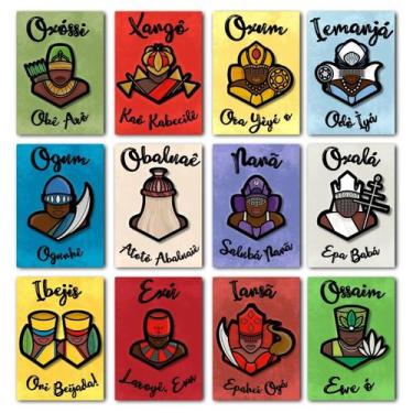 Imagem de Kit 12 Quadros Decorativos Orixás em Saudação, 14x10cm Feito em MDF - 