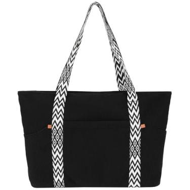 Imagem de Outplea Sacola de veludo cotelê com zíper para mulheres, bolsa grande casual de 39.6 cm para trabalho para laptop com alças boho para viagens diárias, Preto, One Size