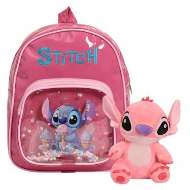 Imagem de Kit Mochila Infantil Feminina Stitch Costas Passeio Pelúcia - Plike