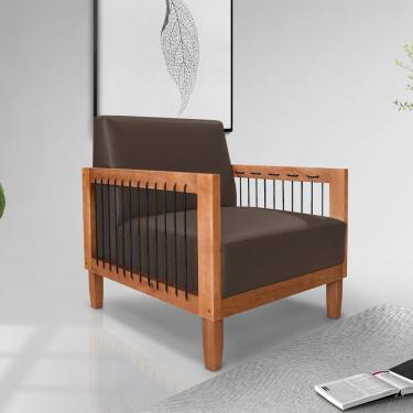 Imagem de Poltrona Sala De Estar Pés Madeira Maciça Corda Náutica Preta 75cm Manila Pu Marrom