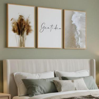 Imagem de Kit 3 Quadros Boho Bege Mar Gratidão Moldura - Zarco Interiores