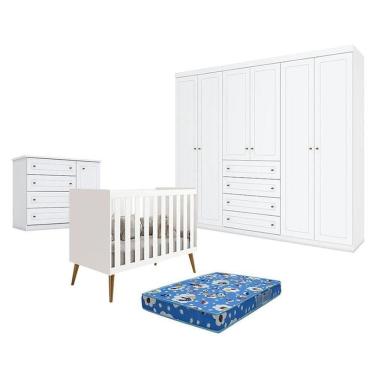 Imagem de Quarto Bebê Americano 6 Portas Com Berço Americano Isis Branco Acetinado Reller Colchão Ortobom Henn